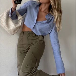 Blue Woven Button Up Long Sleeve Collared Crop Top Front Pockets Women's Small